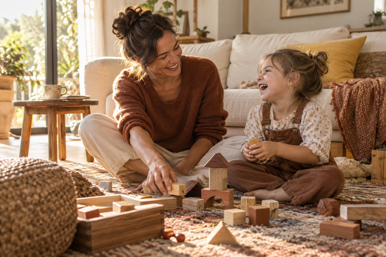 Een moeder en kind spelen samen in een warm, geleefd interieur; sfeerbeeld